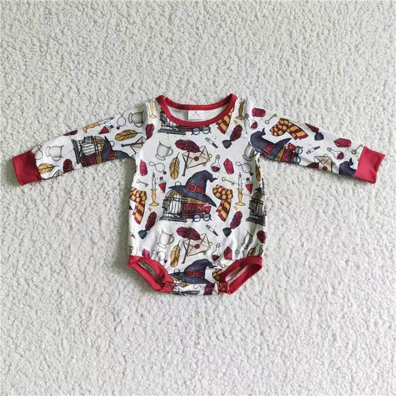 LR0022 cartoon film letter feather magical hat long sleeves girl romper new 20230720 RTS