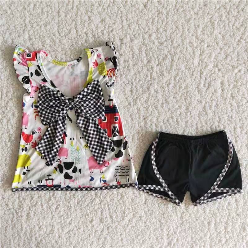 Red house cow farm bow girl short sleeve black shorts outfits 20230306 RTS
