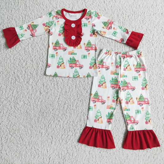 Christmas tree cartoon truck red white long sleeve girl pajamas outfit RTS 0705