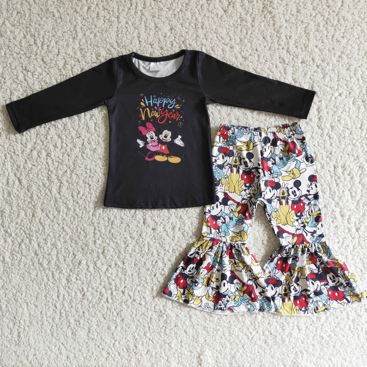 promotion 6 B1-18 cartoon mouse print black long sleeve bell bottom pant outfit RTS