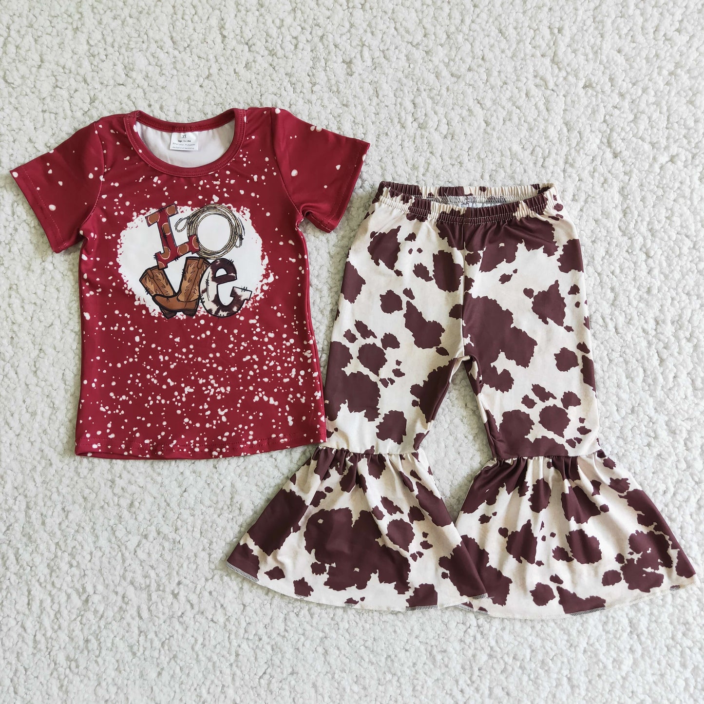 promotion RTS E2-3 Valentine girl love letters red cow print short sleeve bell bottom pants outfits