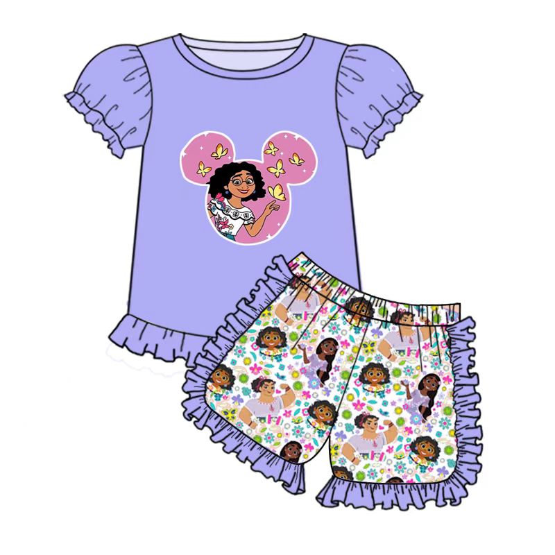 promotion price GSSO0001 cartoon magical dance girl butterfly flower purple short sleeves shorts summer outfit 0325