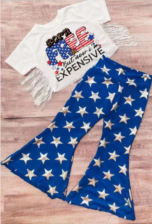 4th July born free letters tassels white stars blue short sleeve bell bottom girl outfits 0314