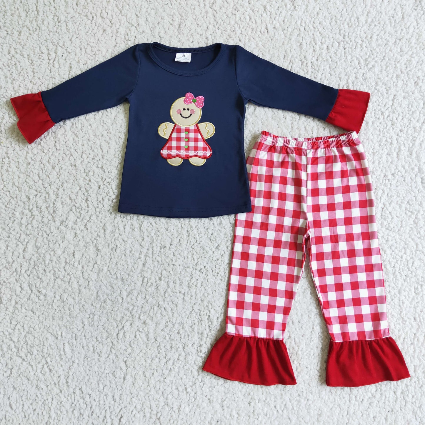 RTS 0709 blue top long sleeve bow embroidery ginger pink plaid pants pajamas girl outfit