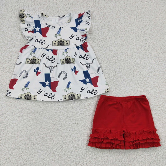 promotion RTS C14-17 4th of july stars cow white puffy red ruffles short sleeve shorts outfits 0206