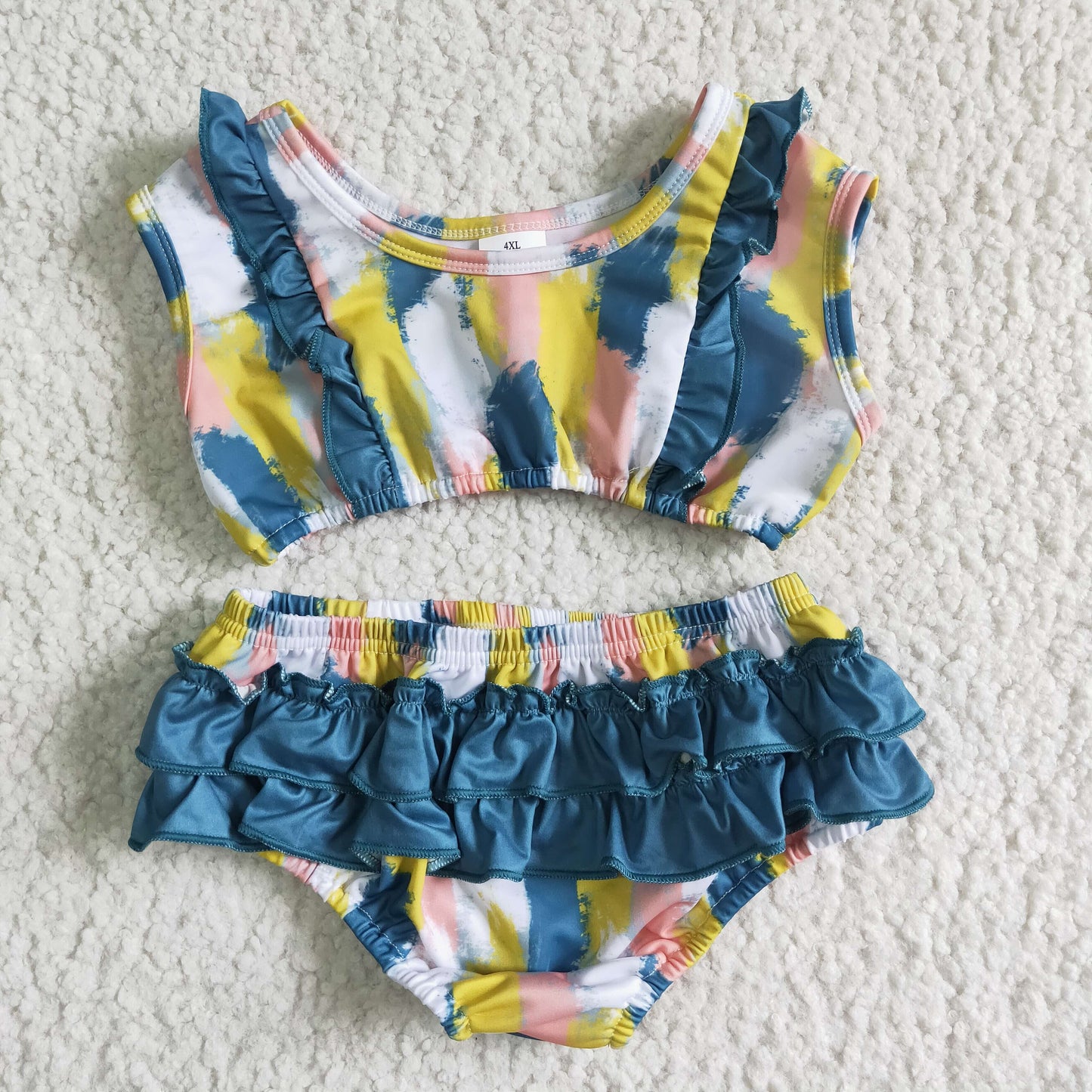 colorful green ruffles pink yellow blue ruffles white girls swimwear outfits 0414