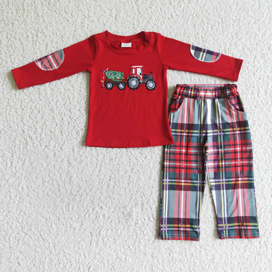BLP0013 RTS embroidery long sleeve red Christmas Car long plaid pants boy outfit