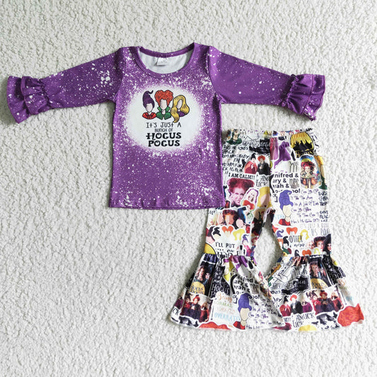 GLP0012 RTS 0618 Purple top flare ruffle long sleeve cartoon bell bottom pants girl outfit