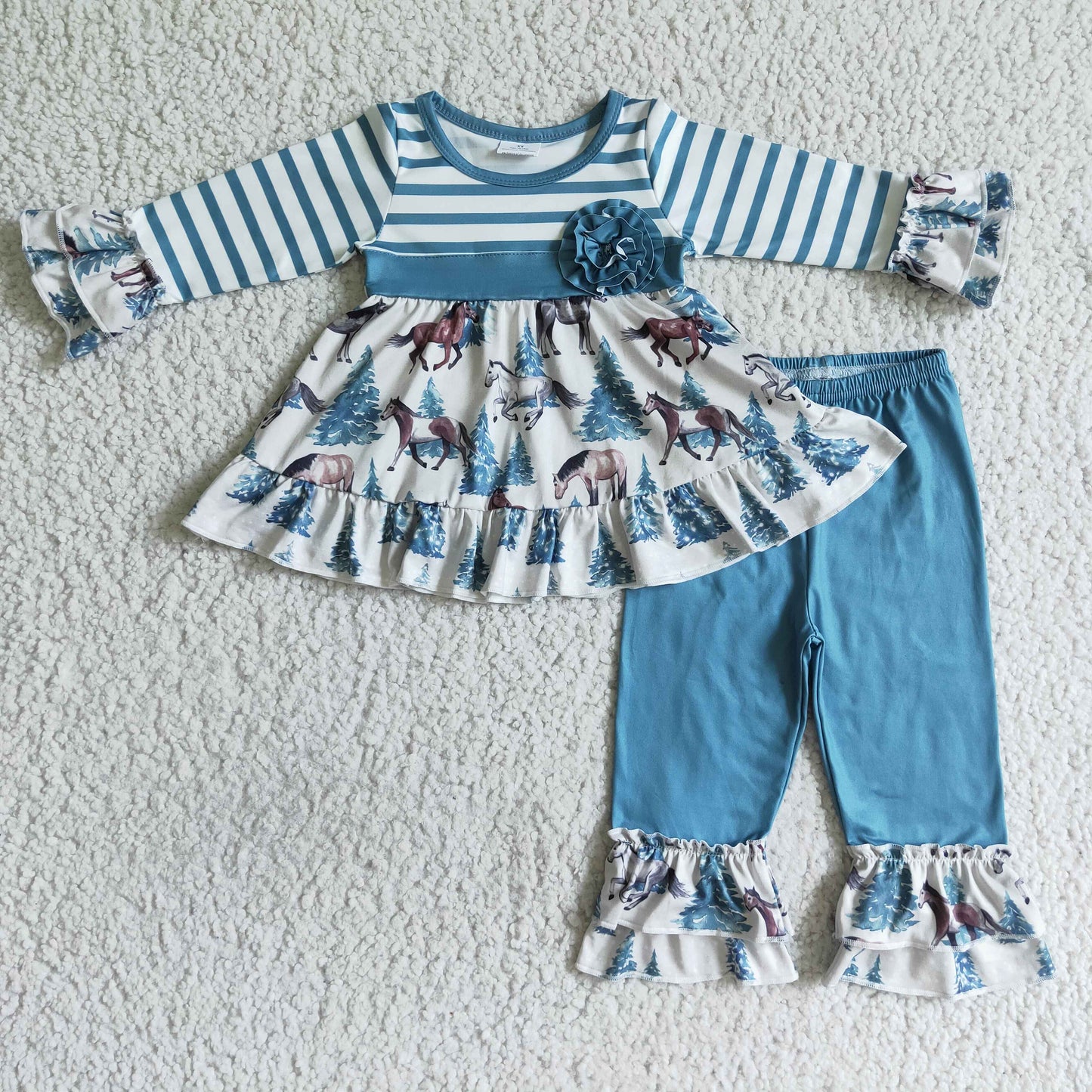 promotion RTS GLP0019 christmas horse long sleeve ruffles pants blue girl outfit 0726