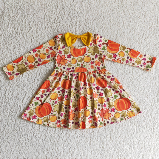 halloween orange pumpkin leaf long sleeve bow fall girl dress 0920 RTS
