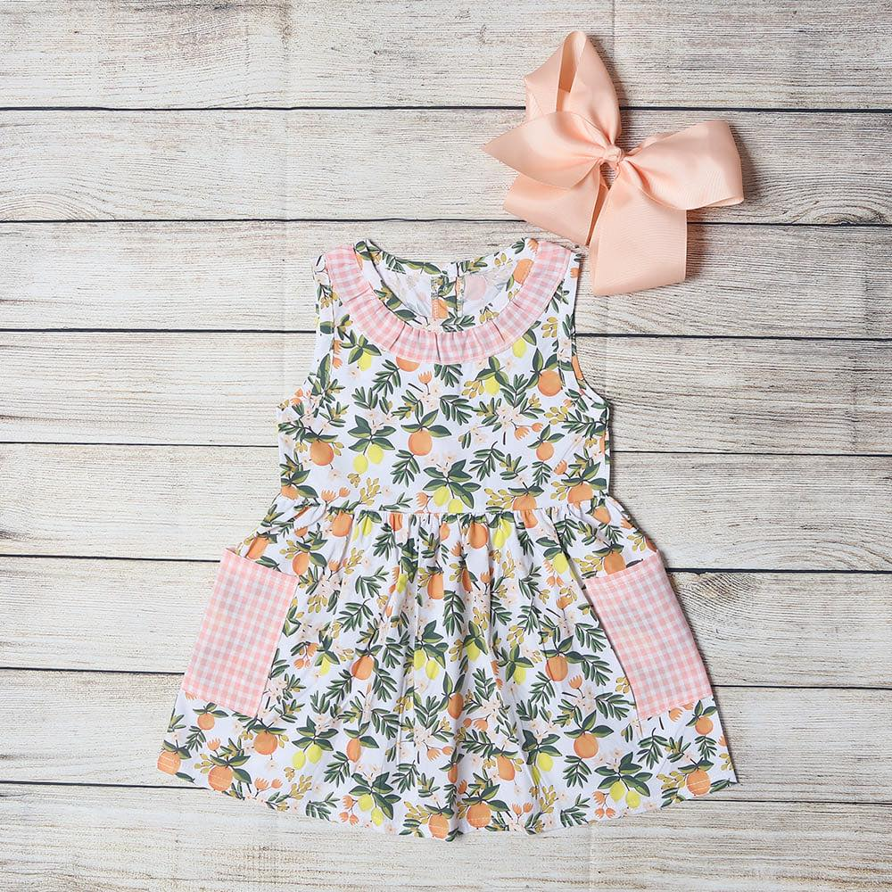 promotion GSD0062 RTS green yellow lime orange fruit Begonia print ruffle girl short sleeve pink plaid dress 20230417