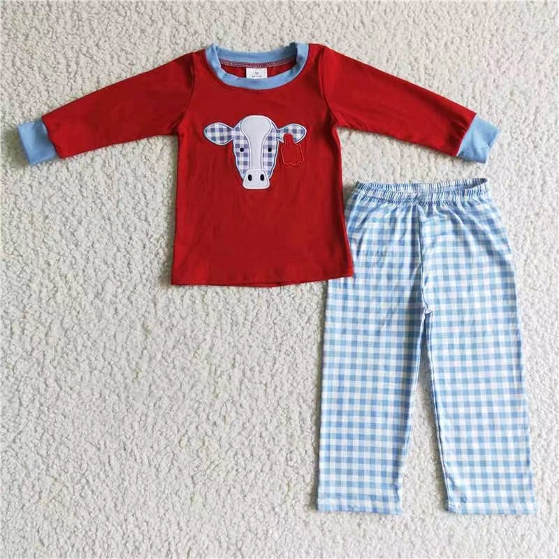promotion BLP0019 embroidery cow plaid long sleeve boy pajamas outfit 20230114 RTS