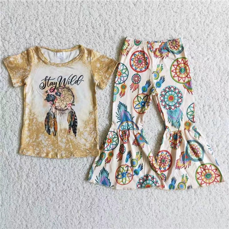 promotion golden flower earth short sleeve bell bottom outfit 0714 RTS