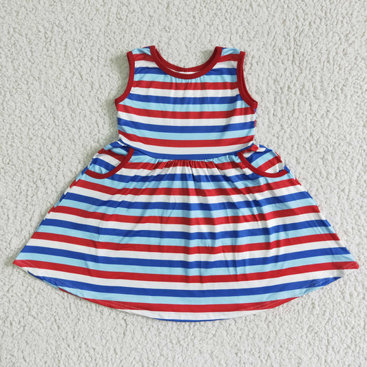 promotion RTS A1-13-2 blue red stripe pocket American national day clothes 4th July Independence girl dress 0509