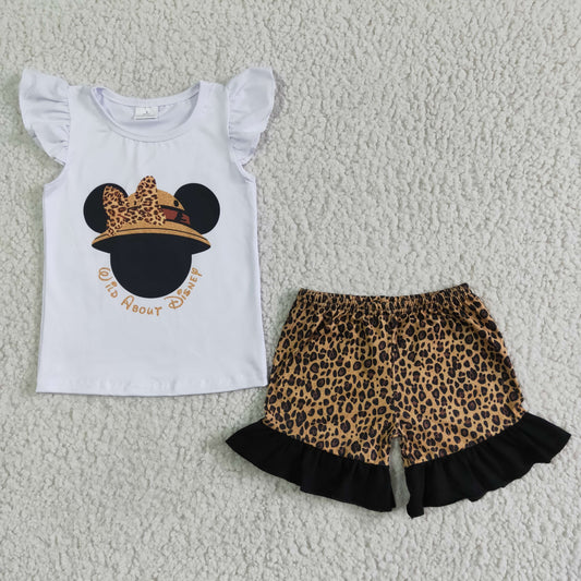 A13-10 white mouse puffy sleeve brown leopard ruffle girl shorts outfit 0509