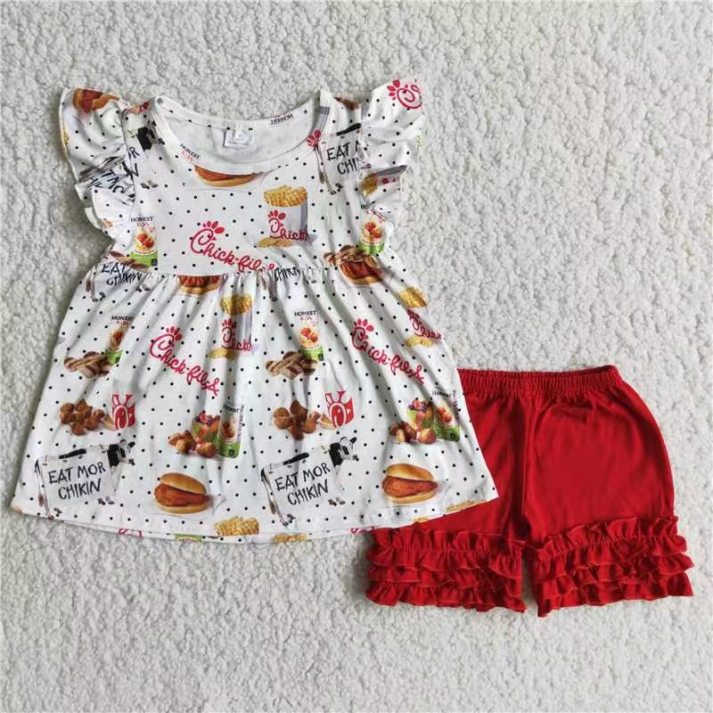 A7-22 Chick puffy red ruffles short sleeve shorts girl outfit 20230320