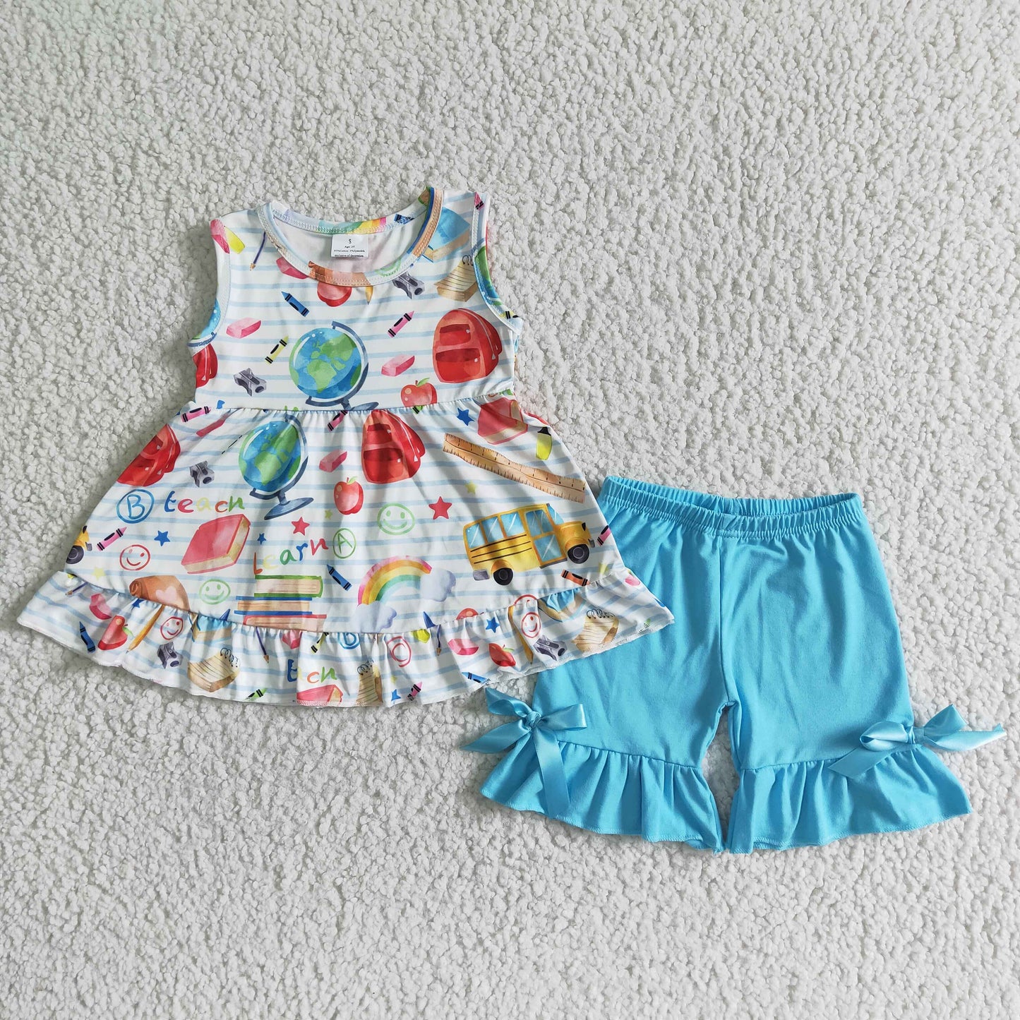 RTS back to school ruler pencil bus blue puffy short sleeve shorts girl outfit 0614