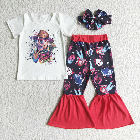 RTS 0716 (choose headband below) real pics skull short sleeve halloween hot red pants girl outfit