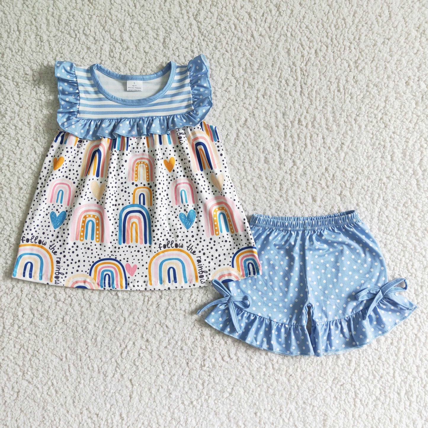 promotion GSSO0028 rainbow blue white stripes ruffles dot short sleeve shorts girl outfits RTS 202405