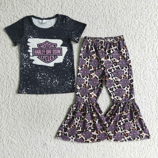 GSPO0149 RTS black short sleeve motor leopard bell bottom pants girl outfit 0716 RTS