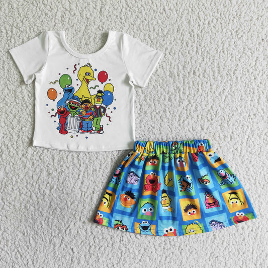 RTS 0715 cartoon print short sleeve blue plaid skirt girl outfit clothes