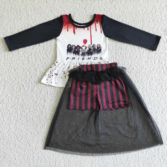 promotion GLD0041 RTS halloween dots long sleeve clown friend cartoon skull gauze girl outfit tulle dress 0803