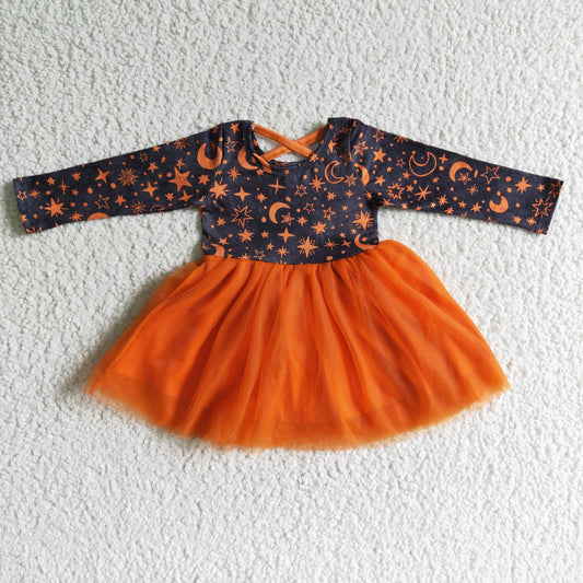 GLD0017 promotion 202409 RTS orange pumpkin moon long sleeve halloween gauze Tulle girl dress