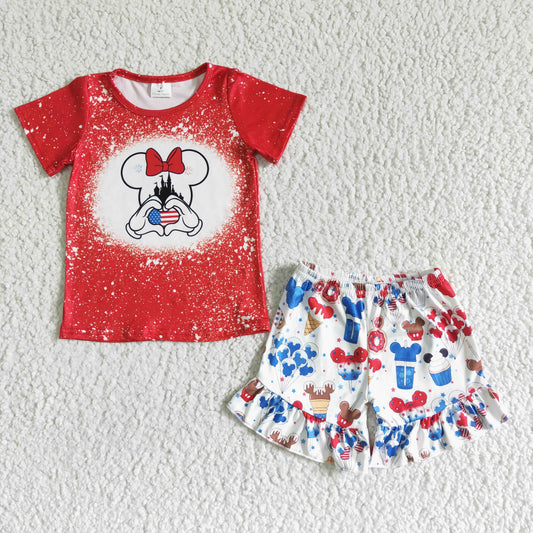 GSSO0110 RTS 4th July snack red blue cartoon mouse ruffle shorts outfit real pic 0531