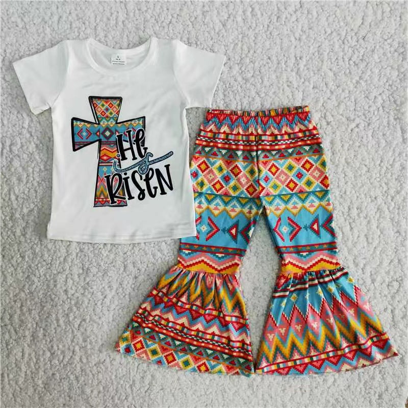 promotion RTS B11-15 Easter cross short sleeve bell bottom pants outfit 20230221