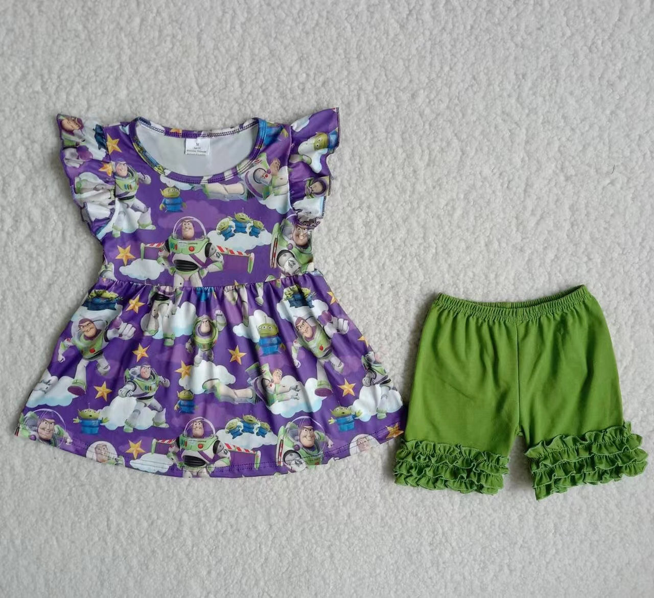 Promotion B18-2 Purple puffy short sleeve green ruffles shorts summer girl outfits RTS 1221