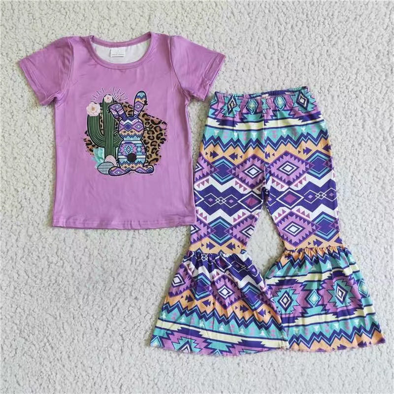 promotion Easter girl cactus rabbit purple short sleeve bell bottom pants outfit 20230404