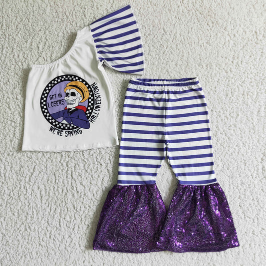 GSPO0178 RTS 0927 halloween purple stripe flare short one sleeve sequin pants baby girl outfit