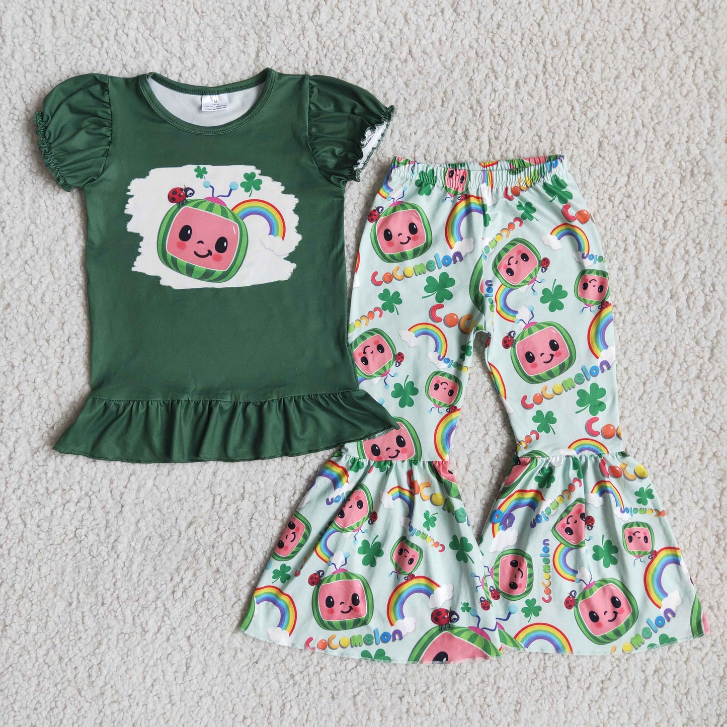 promotion RTS D9-2 clover rainbow girl cartoon short sleeve bell bottom pant outfit