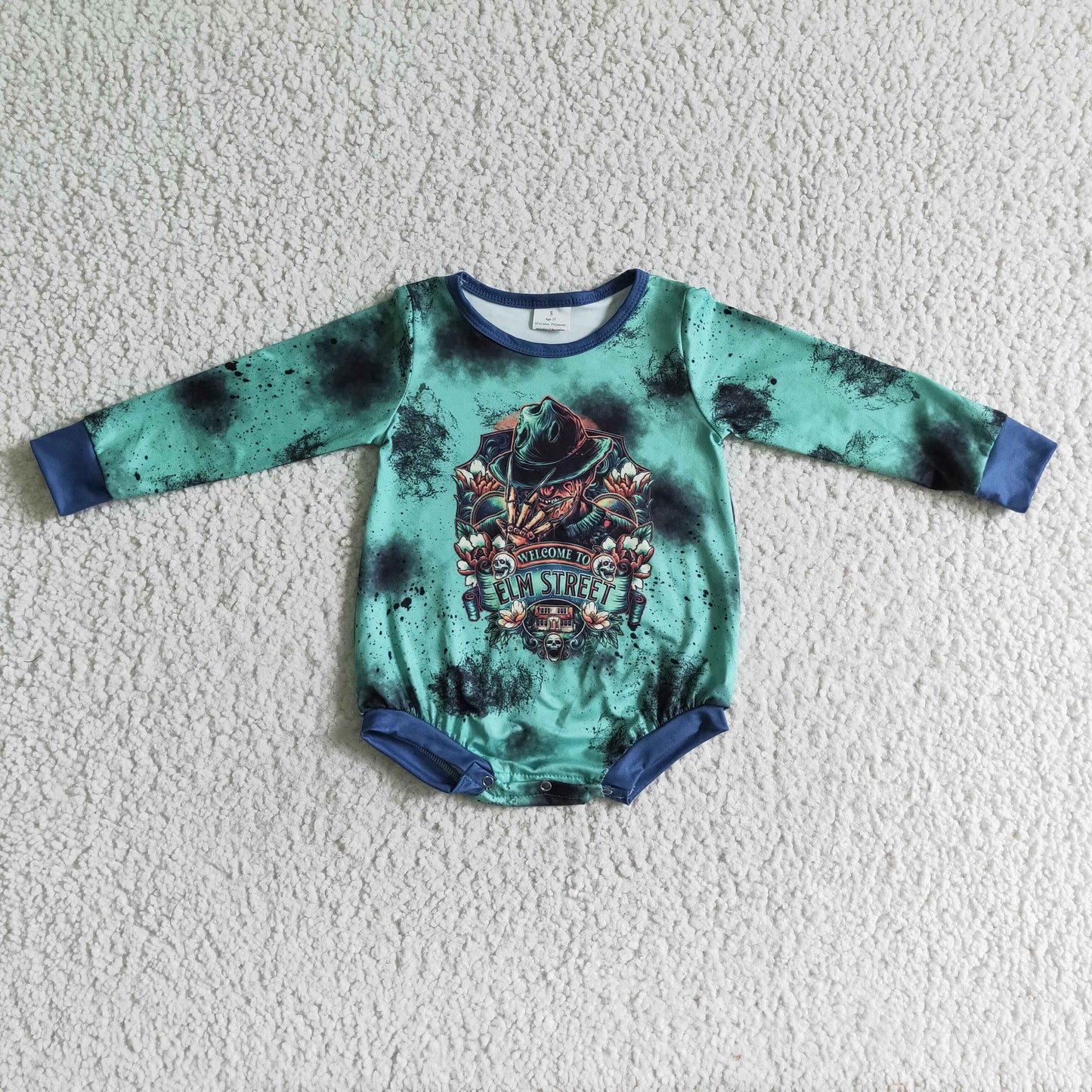 RTS ELM street green halloween goast skull long sleeve baby boy bubble romper 0730 LR0095