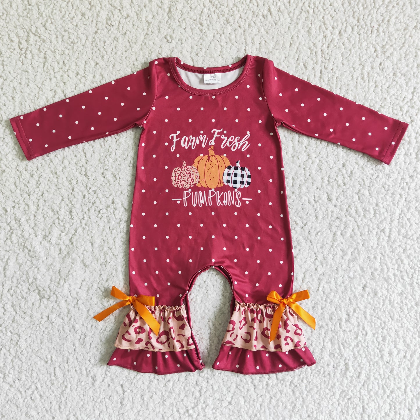 RTS girl red pumpkin bow long sleeve romper 0607