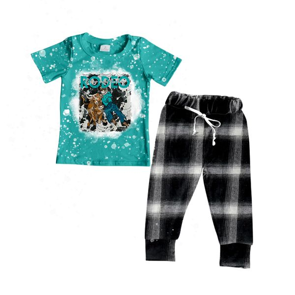 CUSTOM : MOQ:5 western howdy cow short sleeve plaid jogger boy outfit BSPO0072