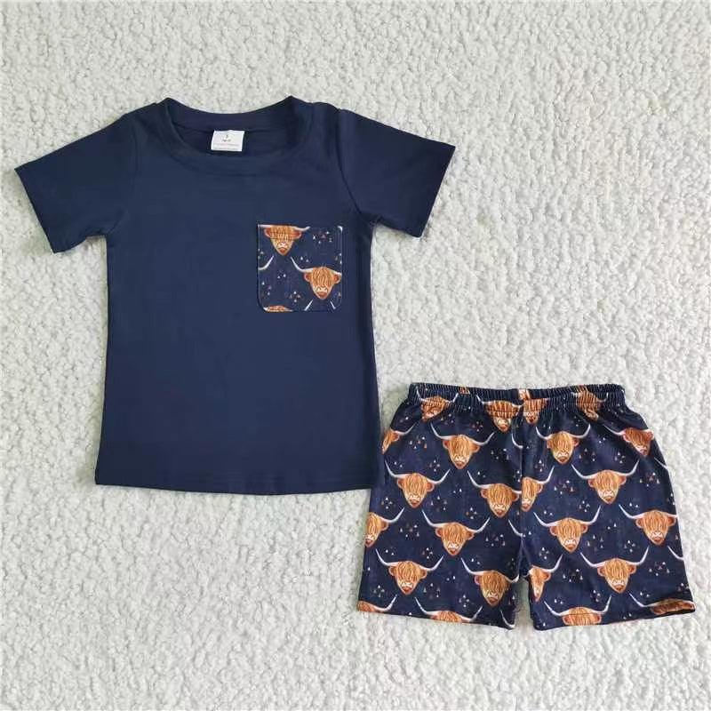 PROMOTION BSSO0035 blue top pocket boy cow print brown short sleeve short shorts outfit 20230228 RTS