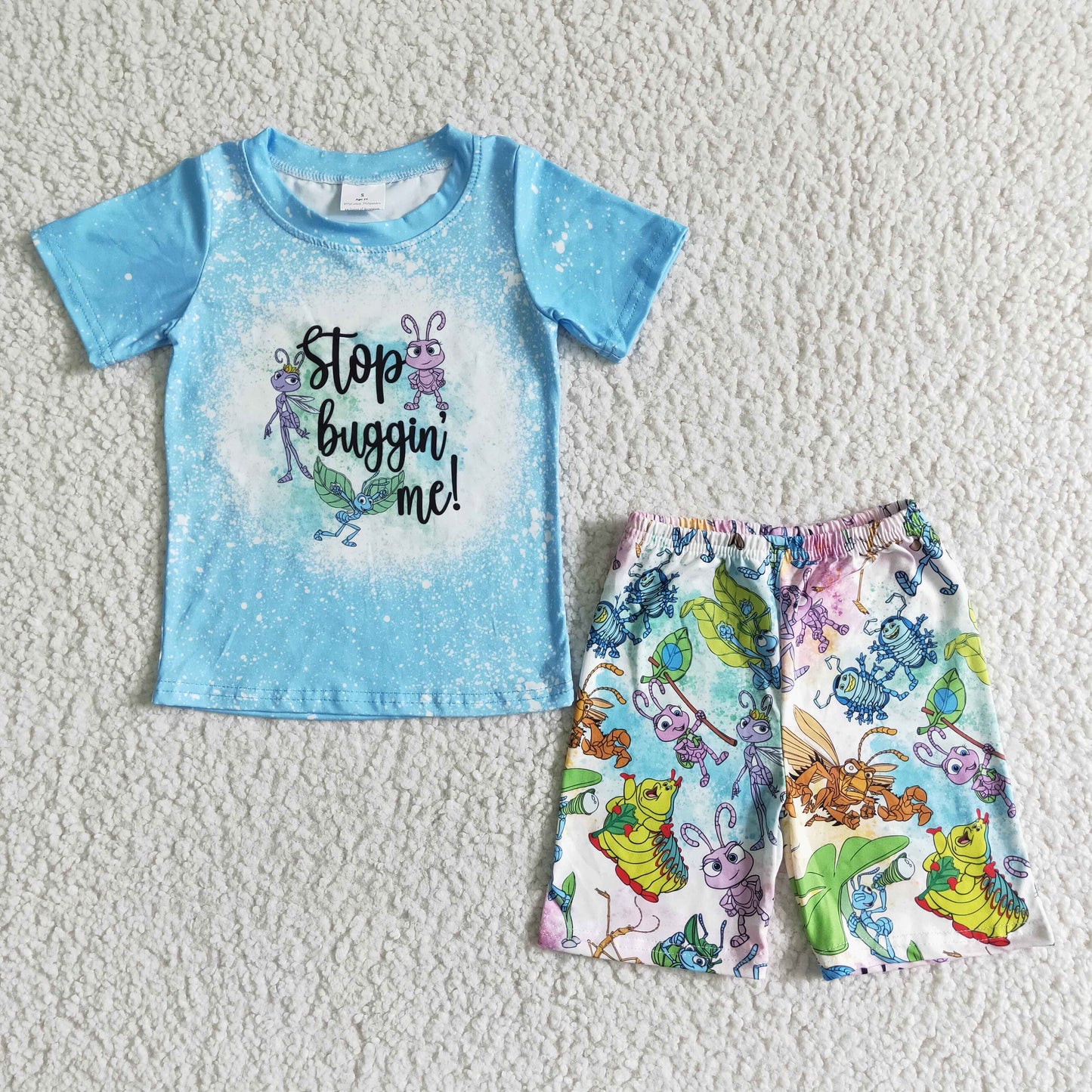 promotion RTS BSSO0047 stop buggin me blue top ant green caterpillar shorts summer boy outfits 0523