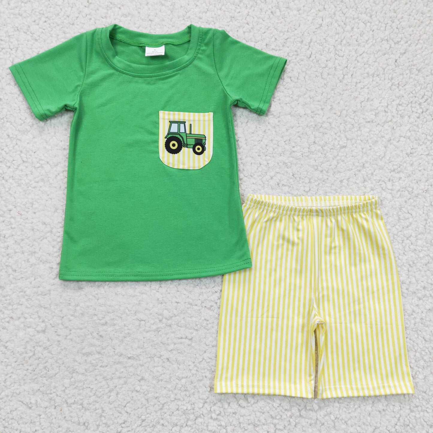 promotion RTS BSSO0058 green tractor short sleeve boy plaid shorts summer outfit pocket boy summer outfit 1228