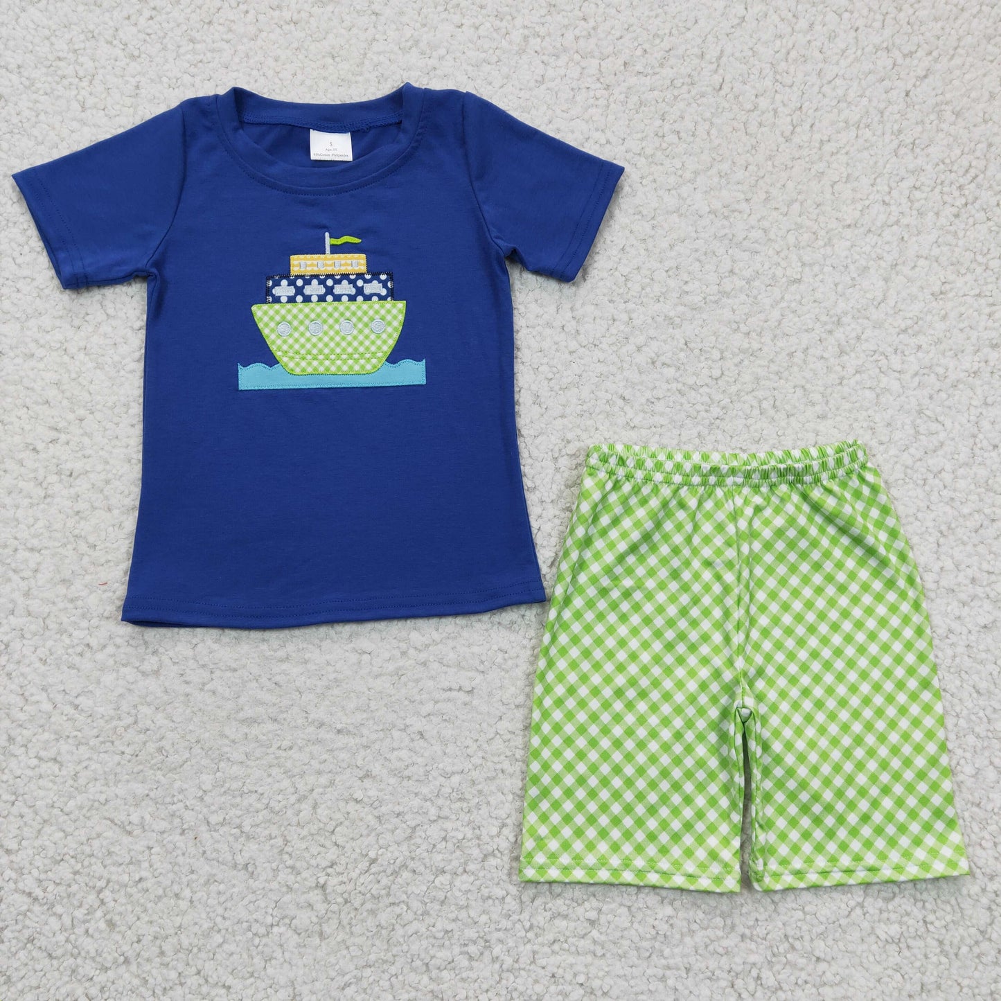 Promotion BSSO0097 Boat SHIP blue boy short sleeve embroidery shorts outfits RTS 202506