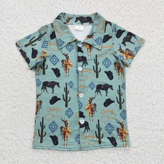 BT0214  (6-12m--7-8T) RTS green horse boy short sleeve shirt top 20230404
