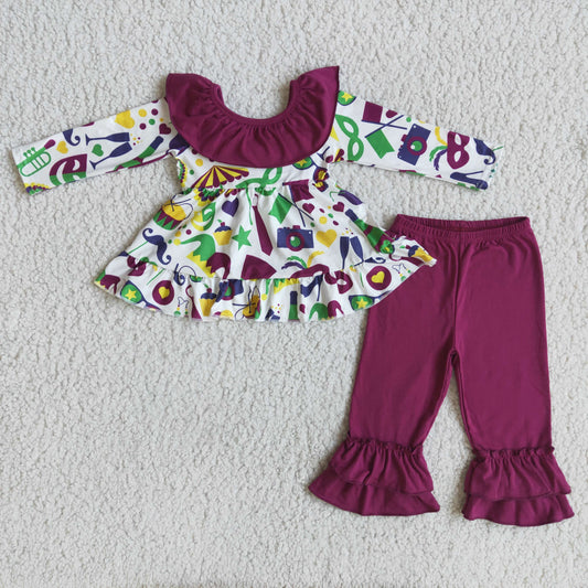 6 A0-1 Mardi Gras Carnival girl purple big bow long sleeve pant outfit