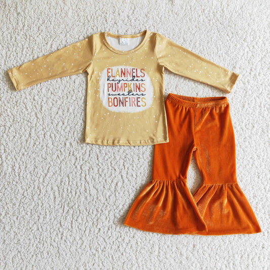 0930 RTS GIRL outfits long sleeve pumpkin  yellow top velvet