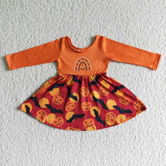 orange pumpkin bat long sleeve halloween girl dress RTS