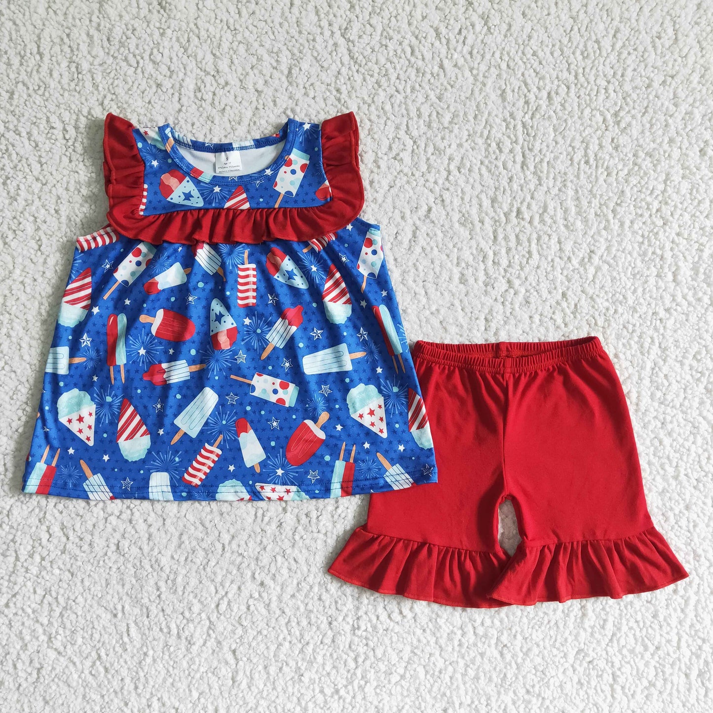 4th july blue ice popsicle print top red ruffles shorts girl outfits 0430