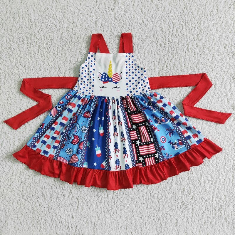promotion cartoon unicorn patchwork 4th of july kids dress rts