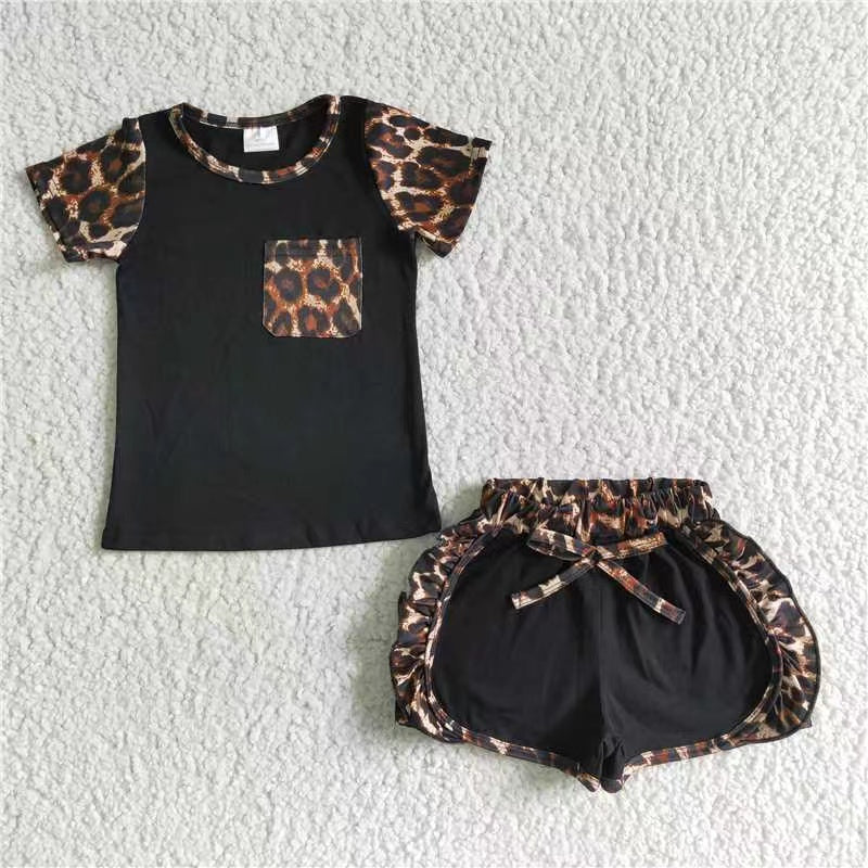 C4-12 RTS Black summer girl pocket leopard short sleeve shorts set 20230411
