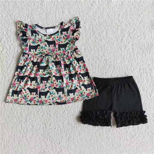 promotion RTS C5-1-3 cattle floral puffy short sleeve shorts girl summer outfits 20230105