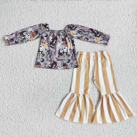 promotion GLP0071 RTS 0705 halloween long off shoulder sleeve pumpkin orange stripe bell bottom pants girl outfit