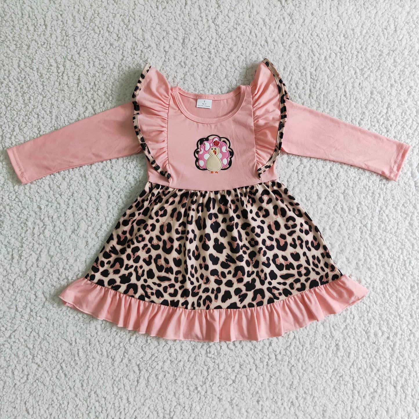 rts 0905 embroidered pink turkey long sleeve leopard girl dress thanksgiving